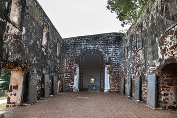 Portuguese historic ruins of Saint Paul Church with tombstone is Malacca popular tourist destination. No people.