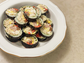 Korean roll Gimbap(kimbob) made from steamed white rice (bap) and various other ingredients