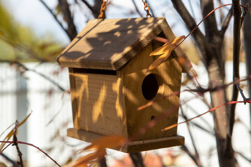 A wooden birdhouse hangs on a tree, on a chain. Autumn.