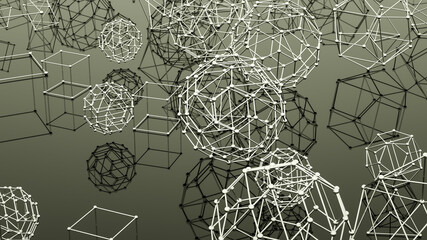 many chrome-plated polygonal figures from atomic lattices. abstract background. 3d render illustration