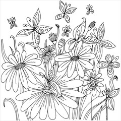 Summer bouquet of beautiful garden flowers in a vase, black and white outline vector cartoon illustration for a coloring book page
