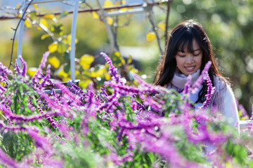 公園に咲く紫色の花を見る女性