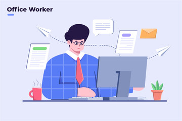 Flat illustration office workers are working at the computer, employee work in company office, office worker reading and writing business document, office employee sending and reply business e-mail.