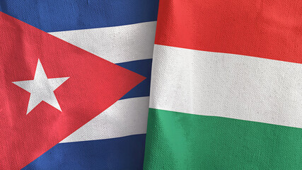 Hungary and Cuba two flags textile cloth 3D rendering