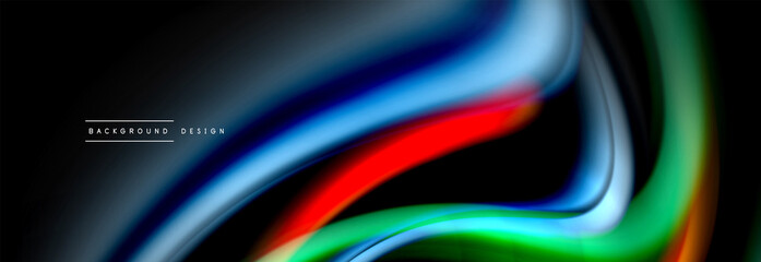 Dynamic motion abstract background. Color blurred stripes on black. Wave liquid lines poster. Vector illustration