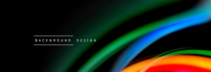 Dynamic motion abstract background. Color blurred stripes on black. Wave liquid lines poster. Vector illustration