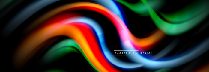Dynamic motion abstract background. Color blurred stripes on black. Wave liquid lines poster. Vector illustration