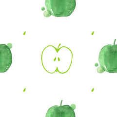 Seamless pattern illustration with green apples and seeds isolated on white background - 388692531