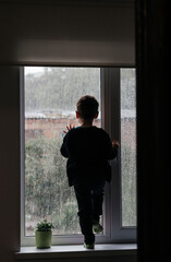 Fototapeta premium baby looks out the window, it's raining