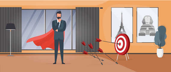 Businessman hits the target. Hit the center of the target with an arrow. Businessman with a red cloak. The concept of motivation and achievements in business. Vector.