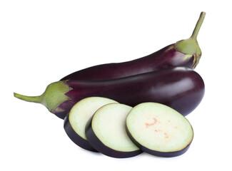 Cut and whole fresh ripe eggplants on white background