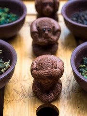 Clay cups with tea, Chinese tea ceremony