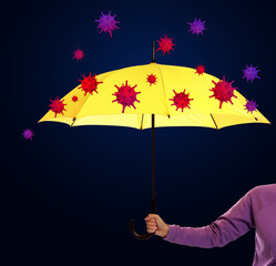 Woman blocking viruses with yellow umbrella as symbol of strong immunity