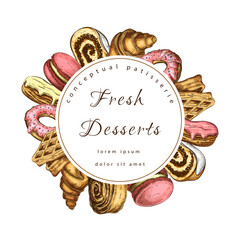 vector pastry, bakery round label or frame with sweet desserts. bakery house logo template. Pastry shop emblem. Patisserie circle banner or signboard. icon of donut, cakes, dessert, croissants, waffle
