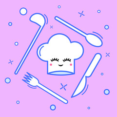 Illustration of a chef's hat with cutlery around. Vector image in eps format.