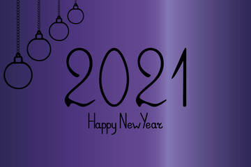 Happy new 2021. Lettering. Vector illustration. Horizontal banner. Isolated purple background. Glass bowl. Festive postcard. Decorations from Christmas tree decorations. Happy New Year. Festive mood. 