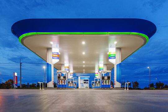 gas station in blue night sky