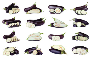 Set of cut and whole fresh eggplants on white background