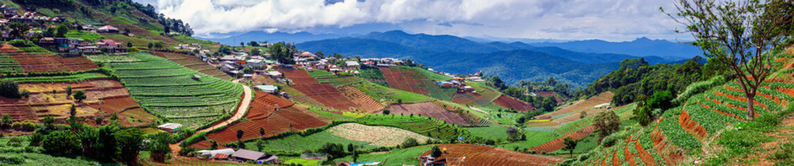 Fototapeta na wymiar Panoramic Landscape of mountain view wide for banner of Mon Jam Royal Project, Chiang Mai , Thailand