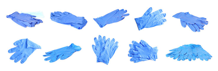 Set of medical gloves on white background. Banner design