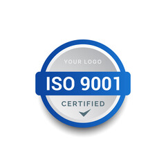 ISO 9001 Certified badge logo design. Certification standard verified modern blue vector illustration.