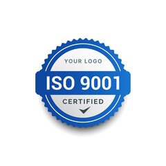 ISO 9001 Certified badge logo design. Certification standard verified modern blue vector illustration.