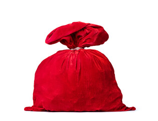 Full red sack with Santa Claus gifts, isolated on white background. File contains a path to...
