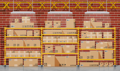 Warehouse interior with goods and container package boxes. Pile cardboard boxes set. Carton delivery packaging open and closed box with fragile signs. Vector illustration in flat style