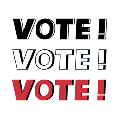 Election day, voting poster, banner design. Blue, red, black vote word. Political election campaign. Debate of president voting. Flyer vector illustration.