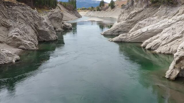 Aerial view over the Snake River flowing downstream in Wyoming near Alpine in Jackson Canyon.