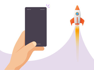 Application development boost launch on with blank empty mobile phone smartphone, rocket ship as digital fast quick growing business high speed start up vector copy space text poster banner design