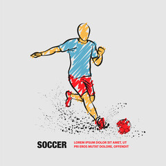 Soccer striker. Vector outline of soccer player hits the ball with scribble doodles style drawing.