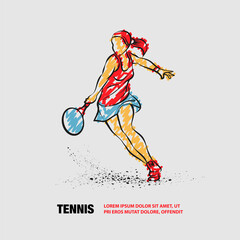 Plakat Professional woman tennis player illustration. Vector outline of tennis player with scribble doodles style drawing.