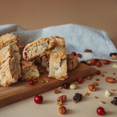 freshly baked homemade cookies with nuts and cranberries