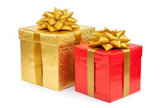 Two boxes with gifts, red and gold isolated on white background