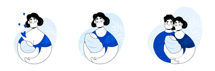 Mom and Child. Woman Breastfeeding. Set Family concept. Raiders with a baby. Husband and wife