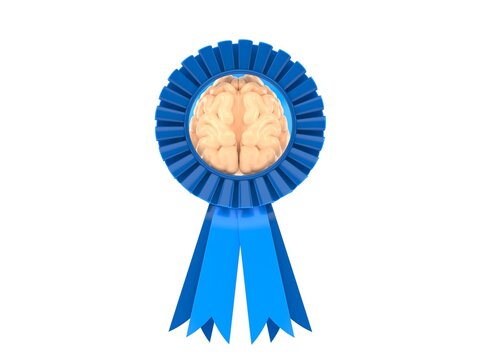 Brain with blue award ribbon