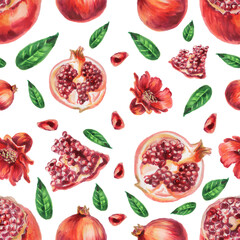 Seamless pattern of juicy fruits, leaves and flowers of pomegranates on a white background. Watercolor fruit background for design and decoration. New year's watercolor pattern.Greek Christmas.