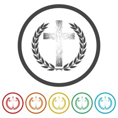  Cross and laurel ring icon, color set