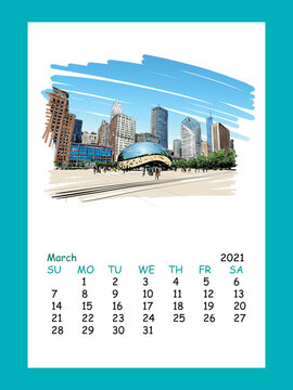 Calendar sheet layout March month 2021 year.Chicago. USA. Hand drawn city sketch. Vector illustration