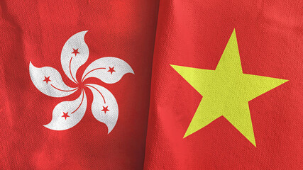 Vietnam and Hong Kong two flags textile cloth 3D rendering