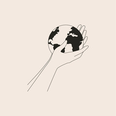 Human arms holds small Earth with care and love. Strong female hands support planet. Vector black and white illustration of Earth day and saving planet. Environment conservation concept