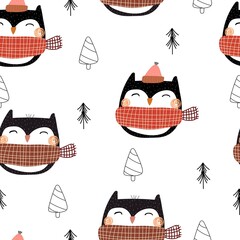 Seamless pattern with cartoon owls, decor elements. Flat style colorful vector illustration for kids. hand drawing. baby design for fabric, textile, print, wrapper.