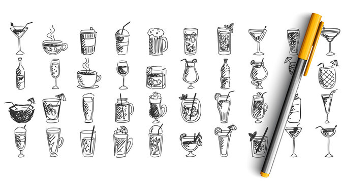 Cocktails doodle set. Collection of pencil pen ink hand drawn sketches templates patterns of different alcoholic beverages beverages beer vodka wine isolated in line. Bad habit addiction illustration.