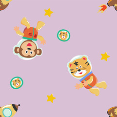 Obraz premium Vector seamless pattern with cute little astronaut. Creative vector childish background for fabric, textile, nursery wallpaper, poster, card, brochure. Vector illustration background.