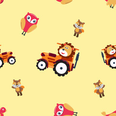 Vector seamless pattern with cute lion and tiger. Creative vector childish background for fabric, textile, nursery wallpaper, poster, card, brochure. Vector illustration background.