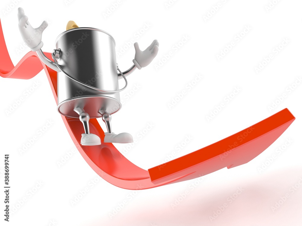 Wall mural Paint can character sliding on red arrow