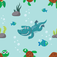 Fototapeta na wymiar Vector seamless pattern with cute diving aligator. Creative vector childish background for fabric, textile, nursery wallpaper, poster, card, brochure. Vector illustration background.