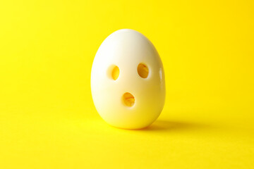 Fototapeta premium Hard boiled egg on yellow background, close up