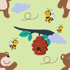 Vector seamless pattern with cute bear and bees. Creative vector childish background for fabric, textile, nursery wallpaper, poster, card, brochure. Vector illustration background.